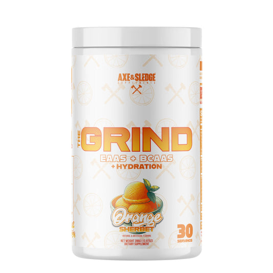 Axe & Sledge The Grind Essential Amino Acids container front view, Orange Sherbet flavor