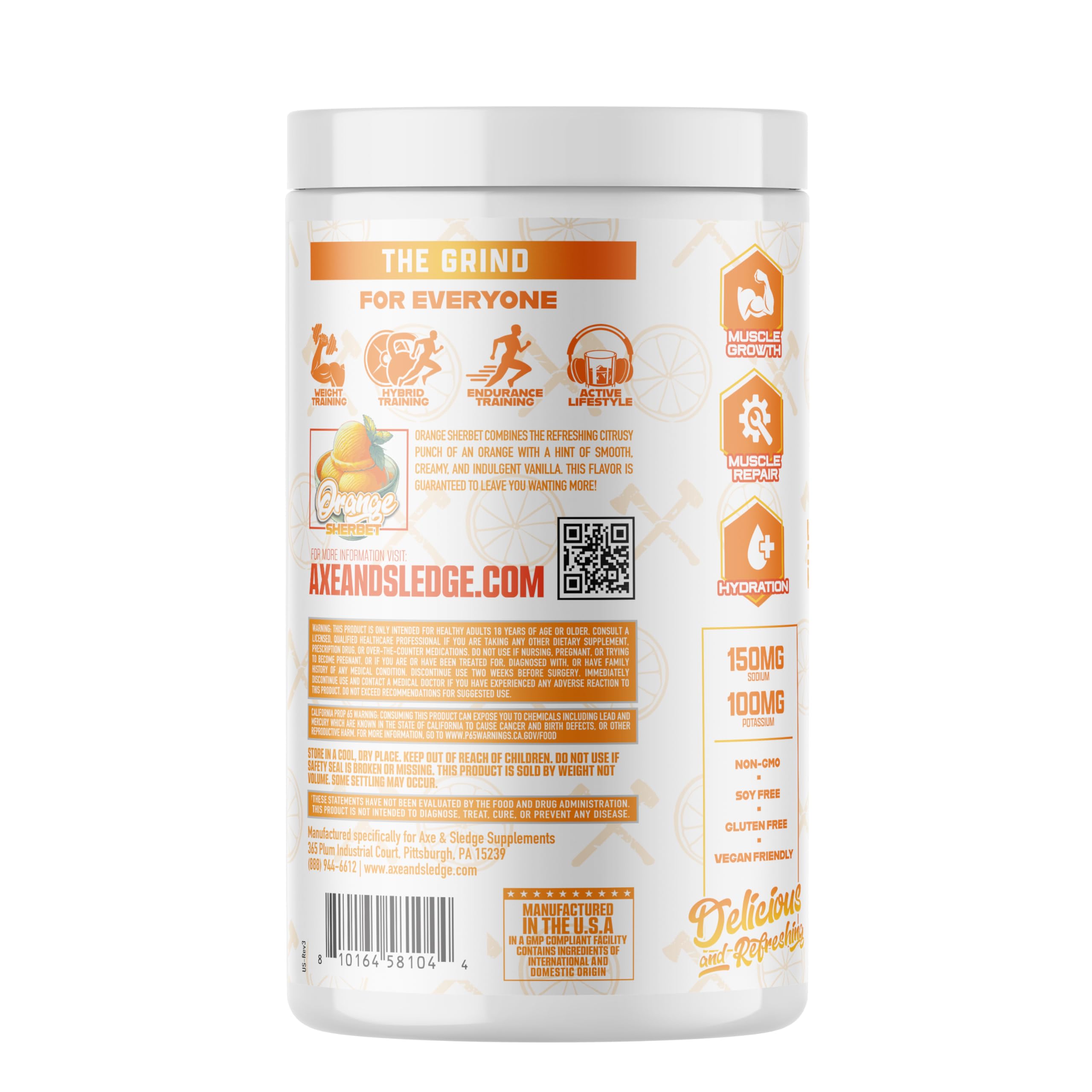 The Grind Essential Amino Acids scoop and packaging, Orange Sherbet flavor