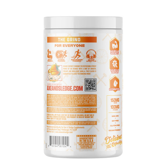 The Grind Essential Amino Acids scoop and packaging, Orange Sherbet flavor