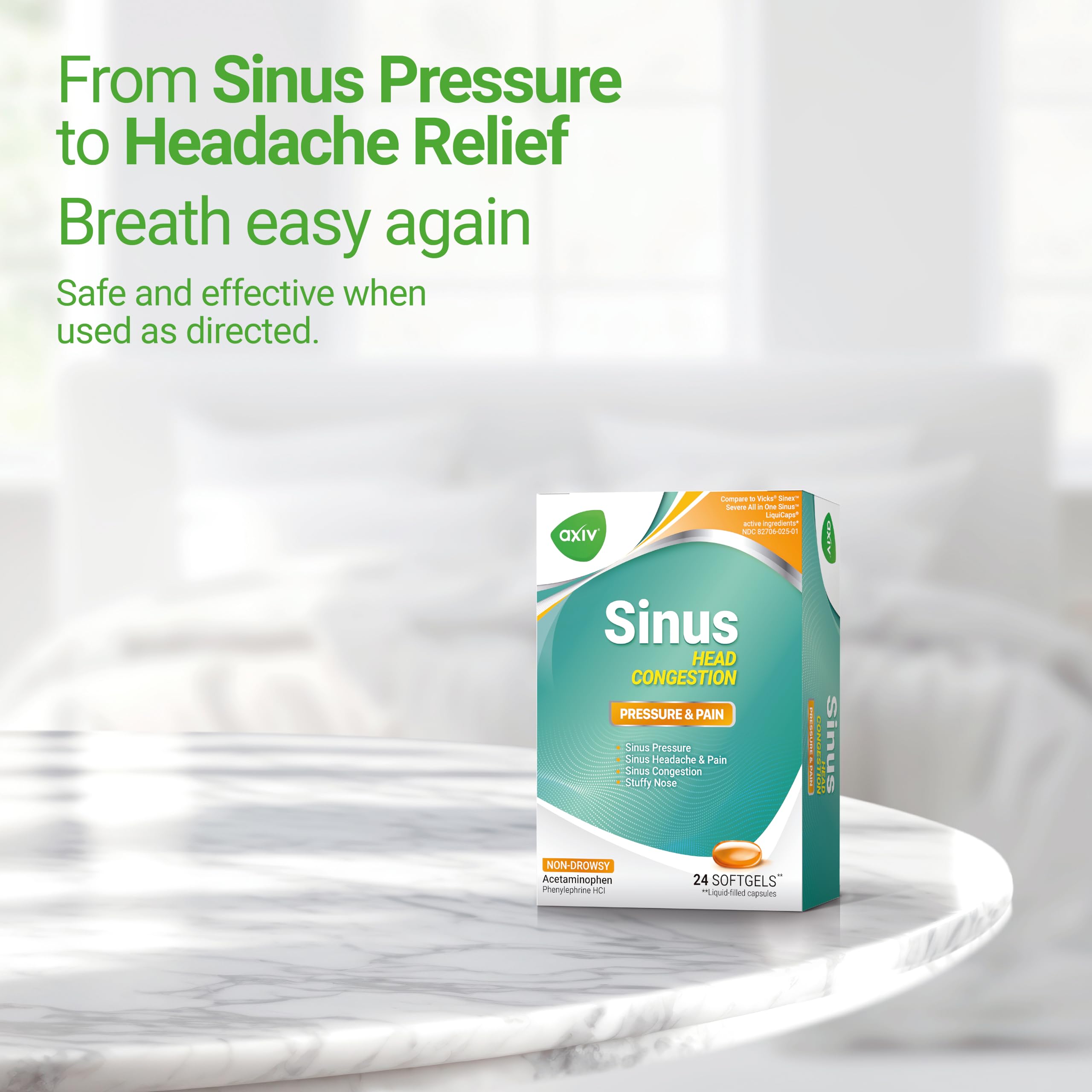 AXIV Sinus Head Congestion Relief day-use concept—non-drowsy relief for daytime activities.