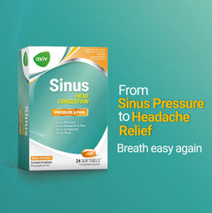 AXIV packaging—Sinus Head Congestion Relief box and insert—multi-symptom relief at a glance.