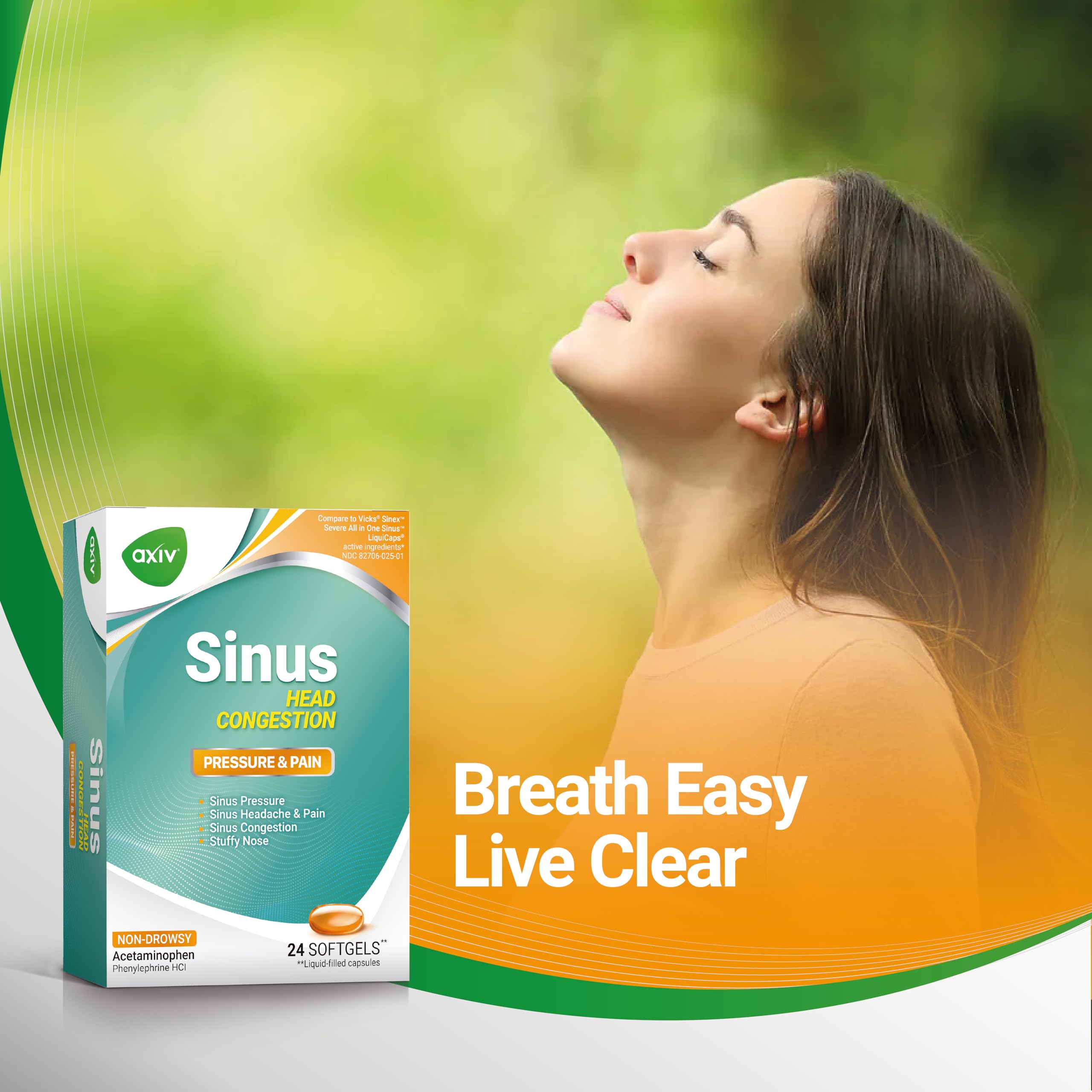 AXIV Sinus Head Congestion Relief product image with pills—quick, trusted multi-symptom relief.