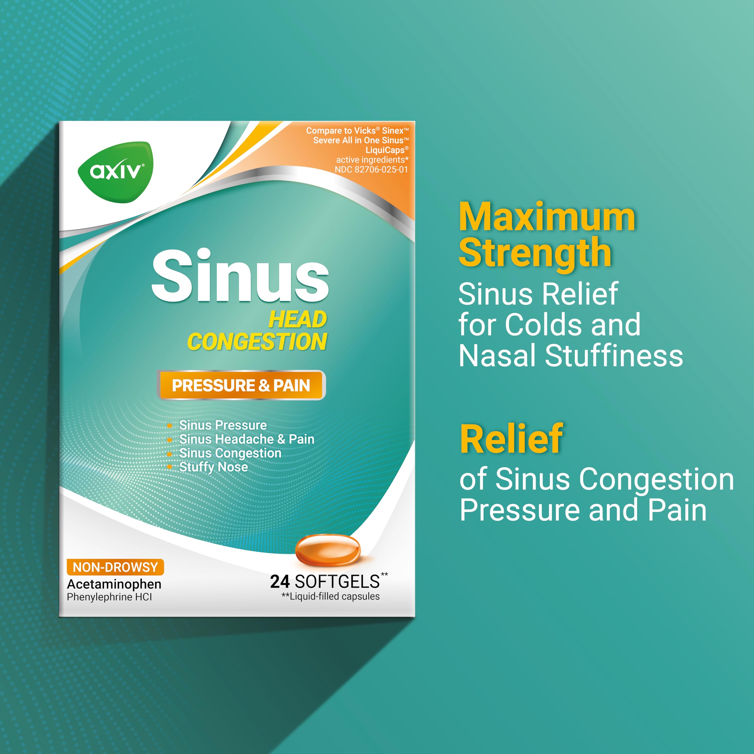 AXIV Sinus Head Congestion Relief softgels in hand—compact relief on the go.