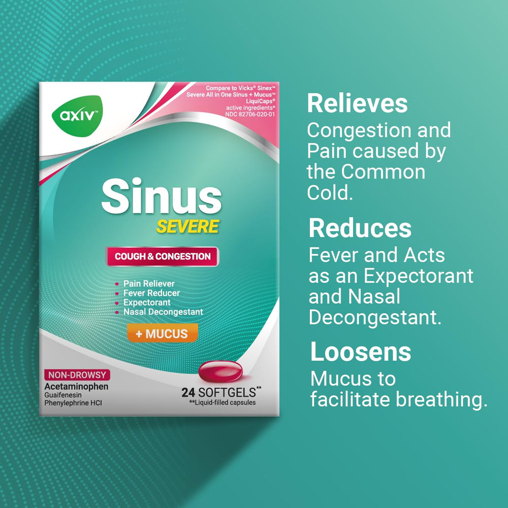 AXIV Sinus Severe dosage guide close-up notes up to eight capsules per day
