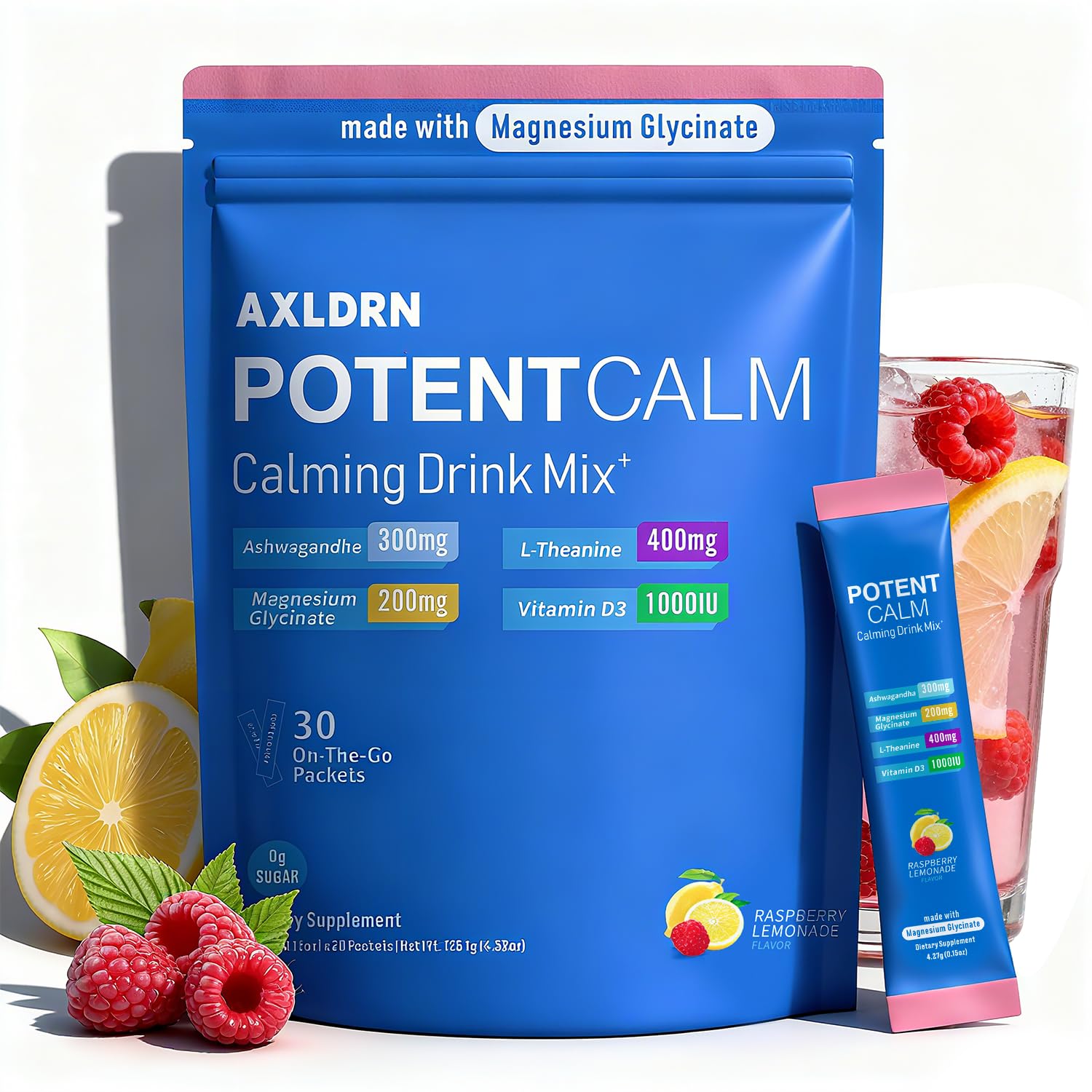 Glass of PotentCalm Raspberry Lemonade electrolyte drink