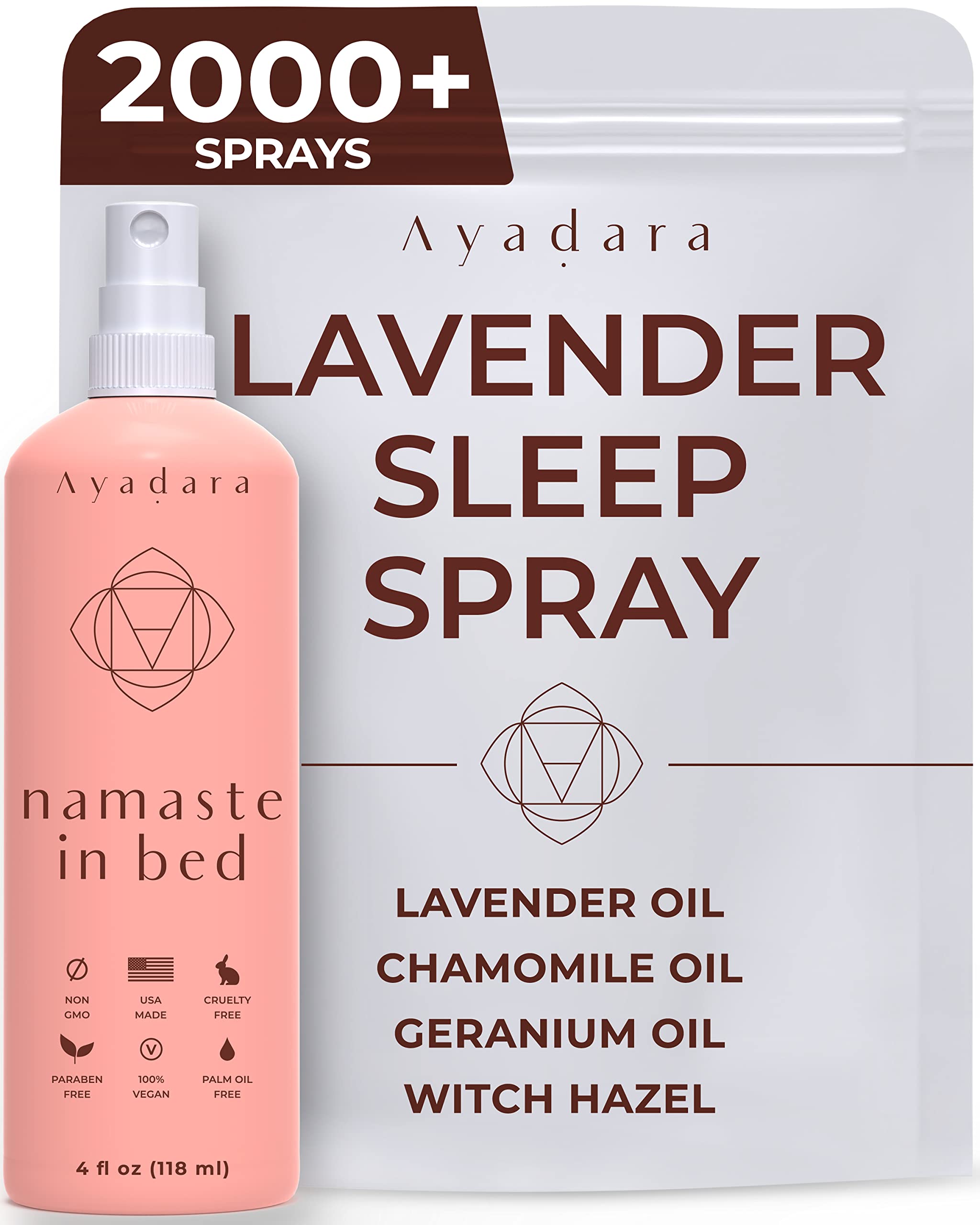 Ayadara Namaste lavender pillow spray bottle for calming bedtime ambiance.