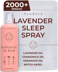 Ayadara Namaste lavender pillow spray bottle for calming bedtime ambiance.