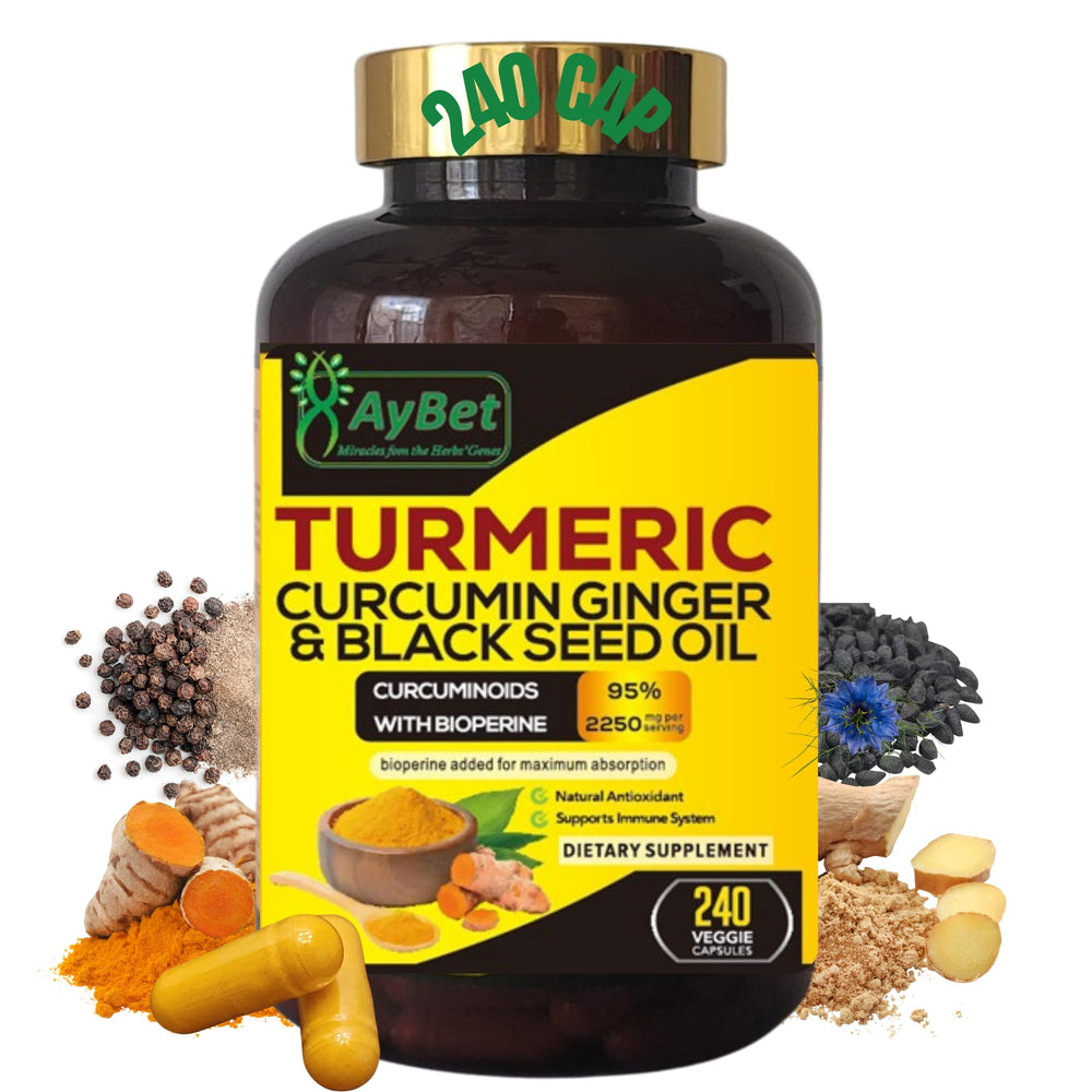 AyBet Turmeric Curcumin Ginger & Black Seed Oil bottle label front