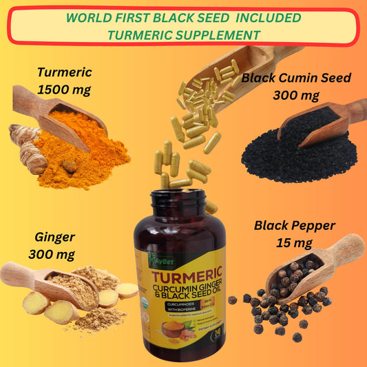 AyBet Turmeric Curcumin Ginger & Black Seed Oil ingredients close-up