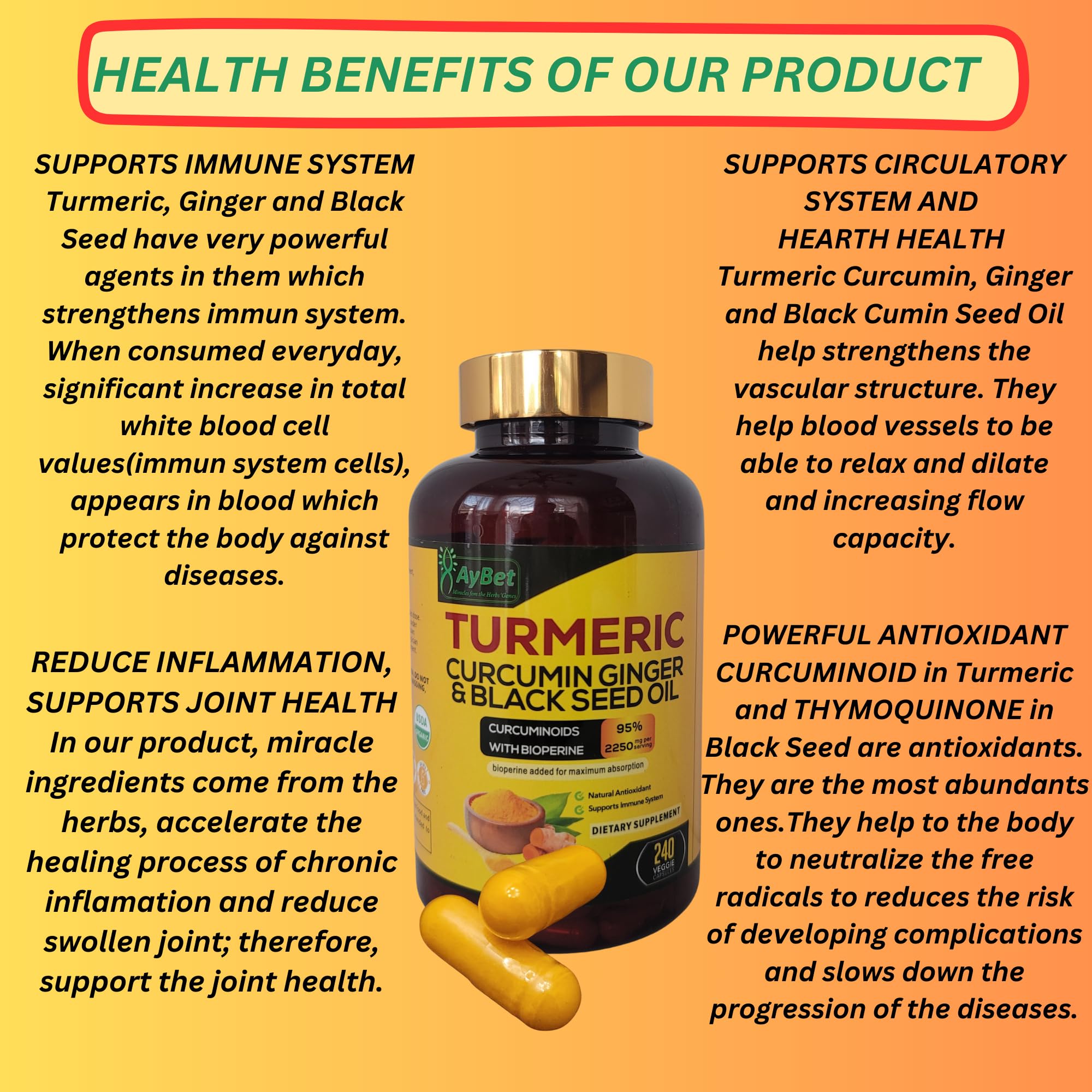 AyBet Turmeric Curcumin Ginger & Black Seed Oil bottle packaging