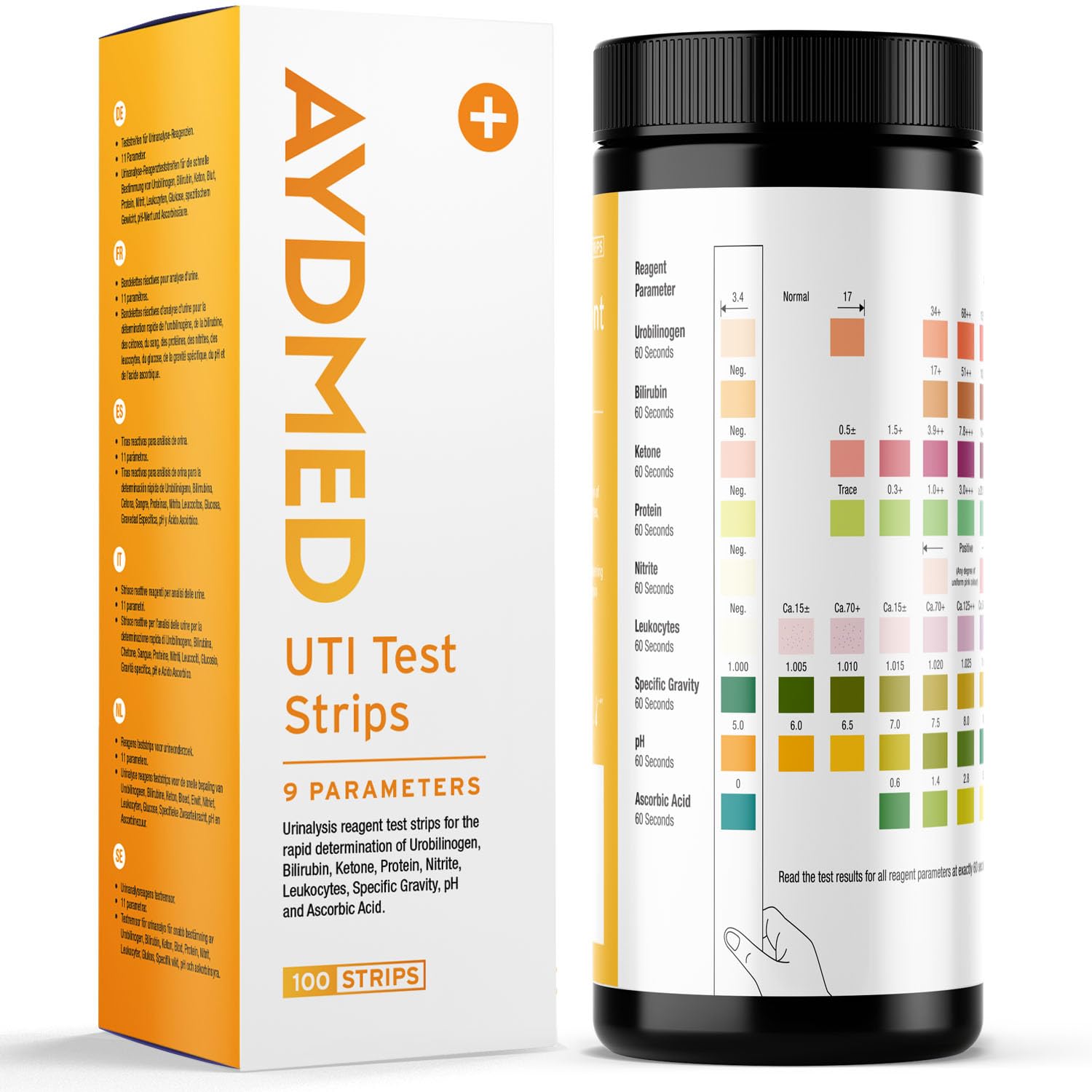 AYDMED 9-in-1 UTI test strips bottle with 100 strips