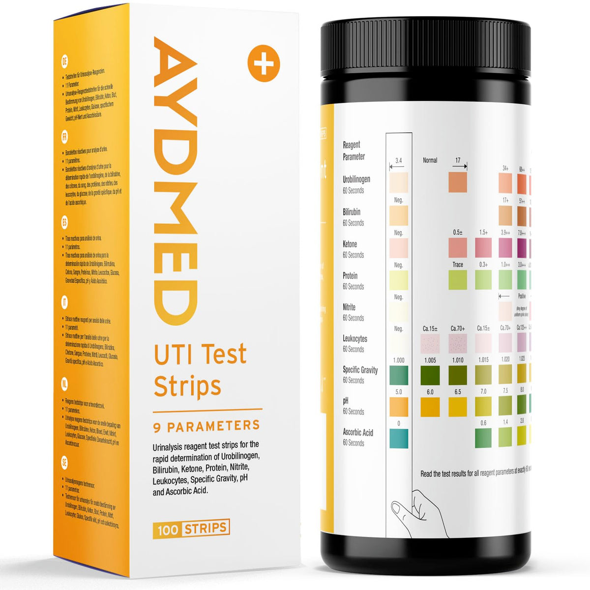 AYDMED 9-in-1 UTI test strips bottle with 100 strips