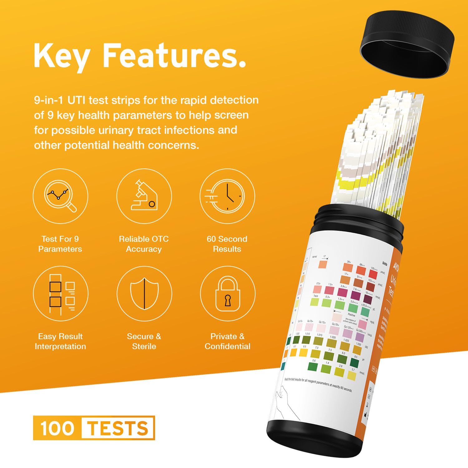 Close-up of 9-in-1 UTI test strips color reference chart
