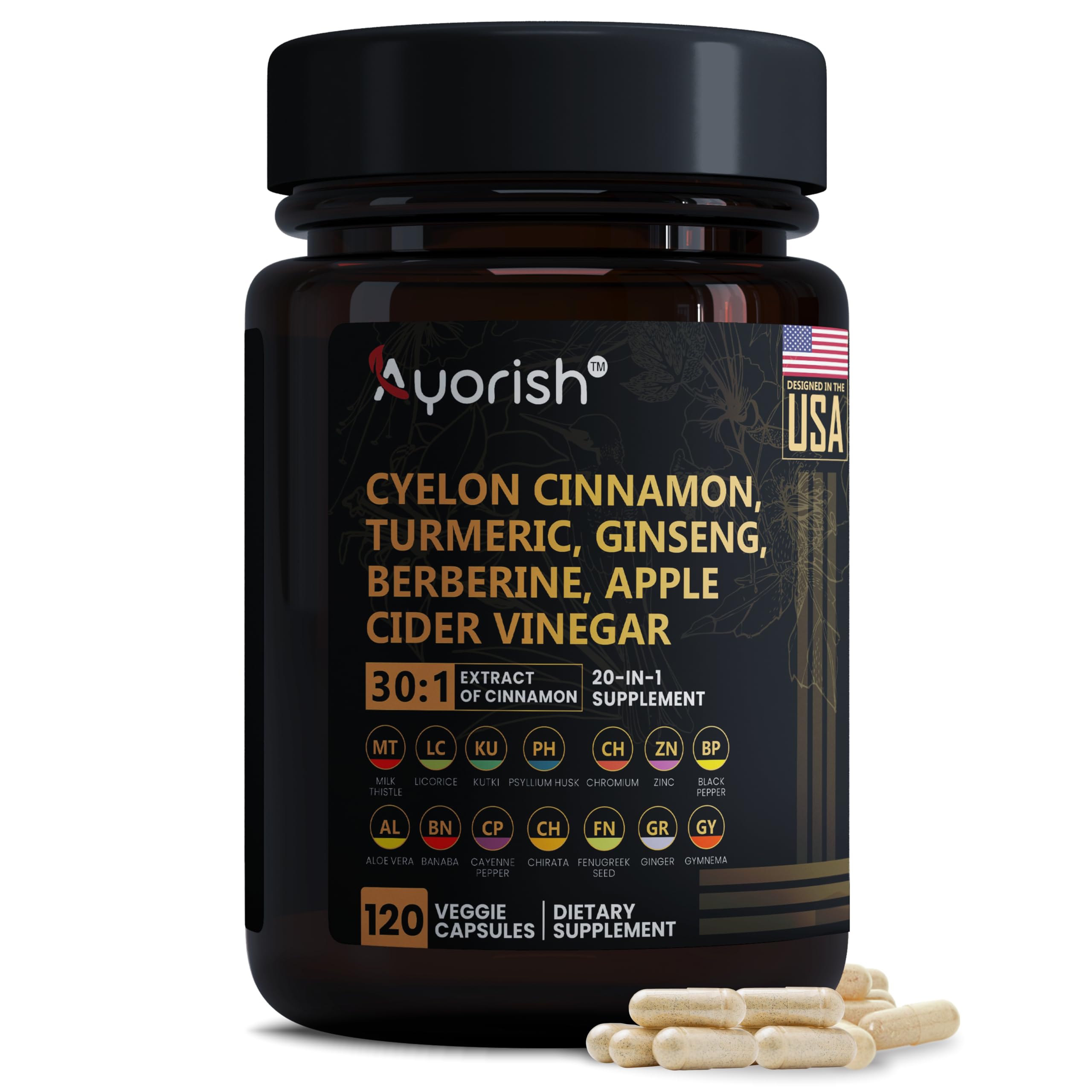Bottle of Ayorish Ceylon Cinnamon Capsule 30:1 extract (9000mg equivalent).
