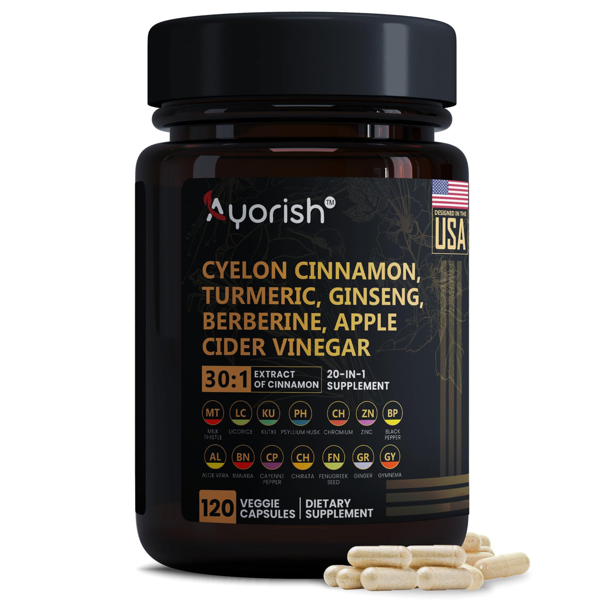 Bottle of Ayorish Ceylon Cinnamon Capsule 30:1 extract (9000mg equivalent).