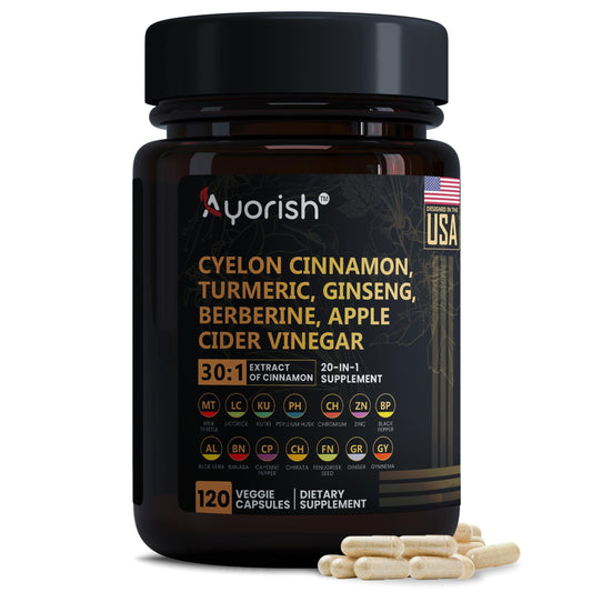 Bottle of Ayorish Ceylon Cinnamon Capsule 30:1 extract (9000mg equivalent).