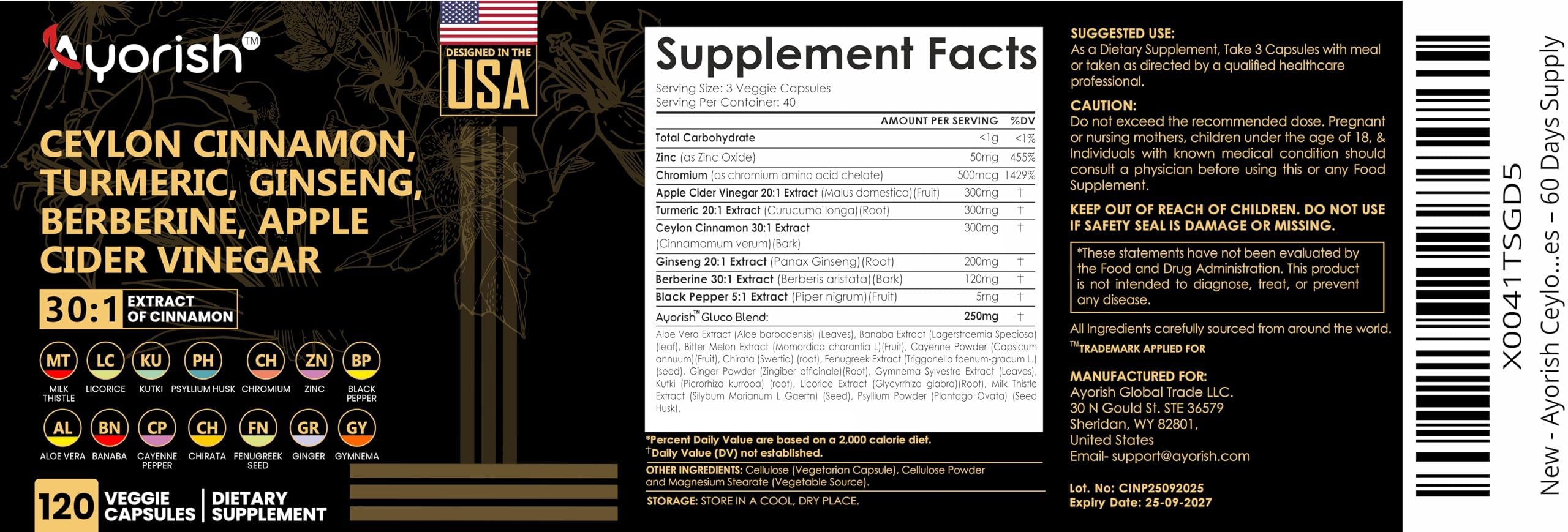 Ayorish label close shot showing ingredient list and certified USA facility note