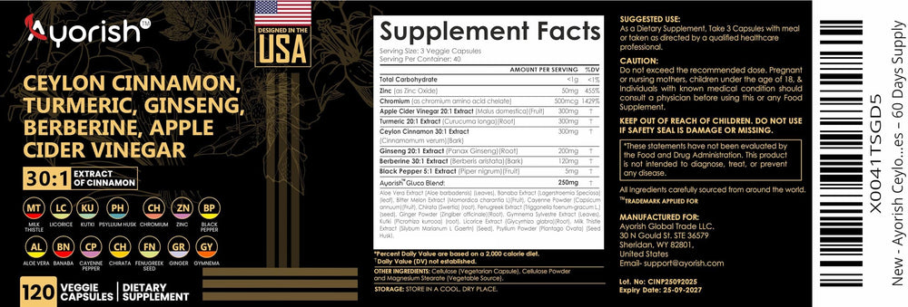 Ayorish label close shot showing ingredient list and certified USA facility note