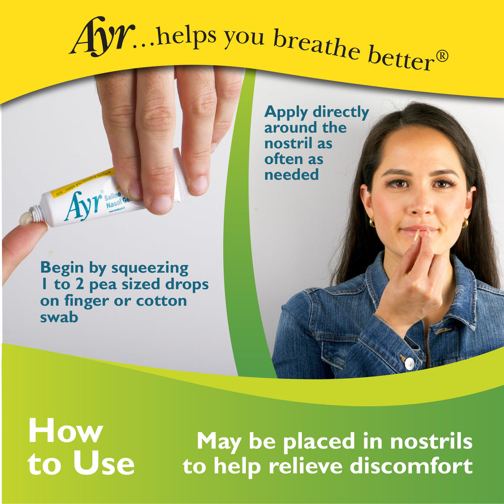 AYR Saline Nasal Gel Aloe ingredient highlight suggests gentle hydrating relief.