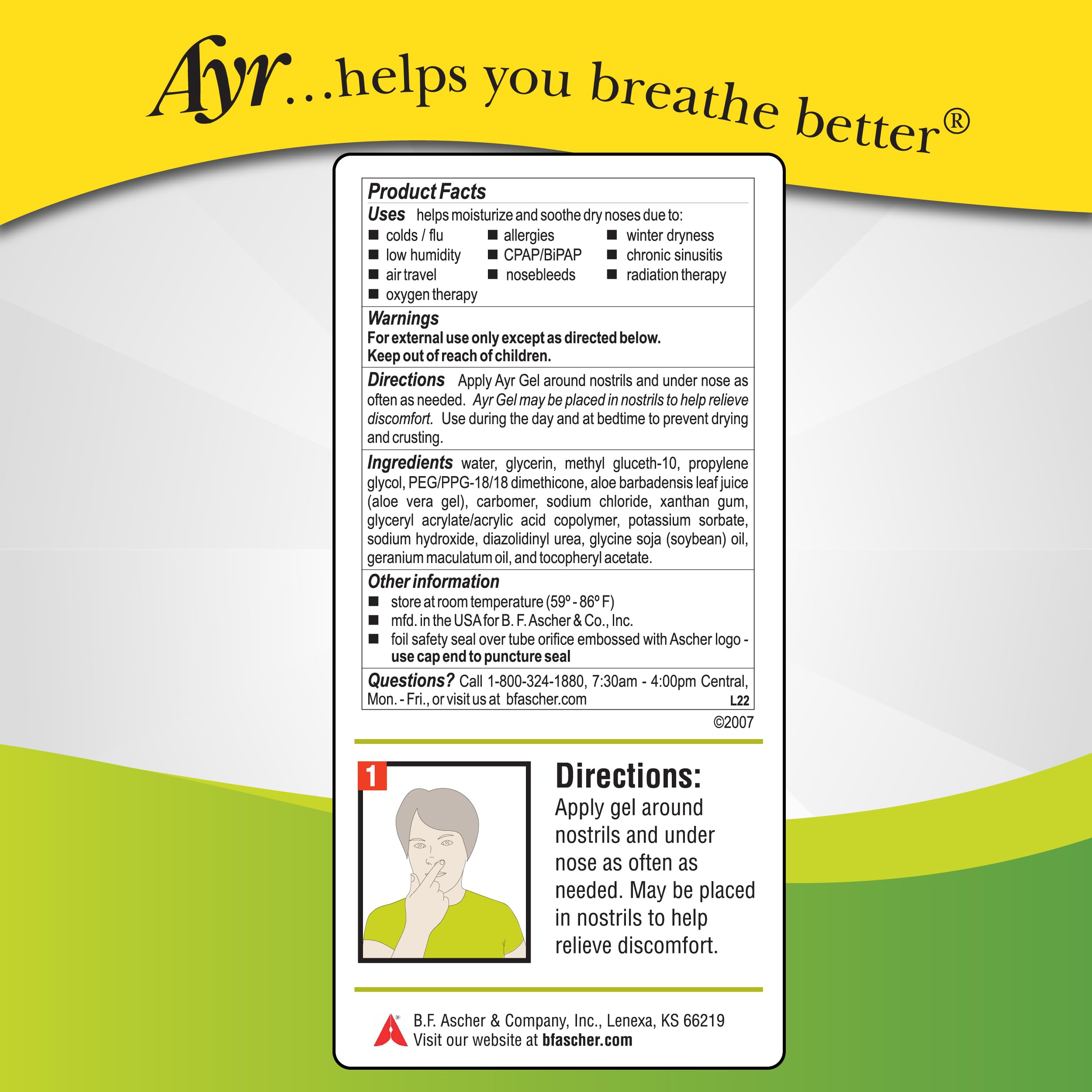 AYR Saline Nasal Gel application inside nostril demonstrates gentle moisturization.