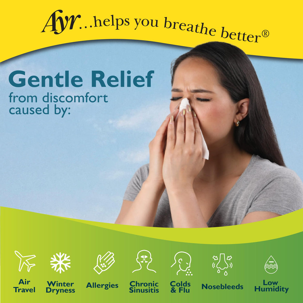 AYR Saline Nasal Gel membrane-friendly formula shown as gentle moisturization.