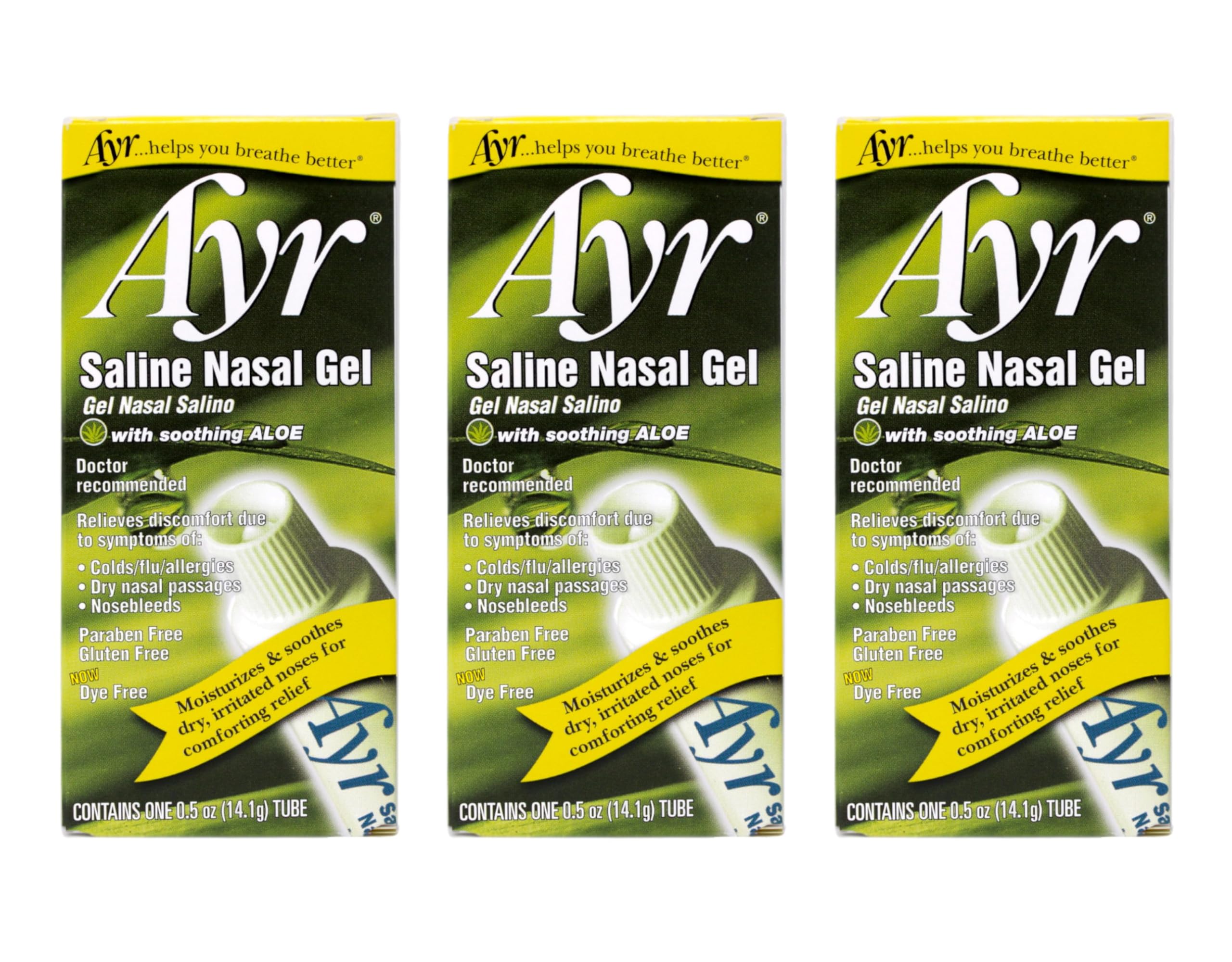 AYR Saline Nasal Gel tube closeup shows soothing aloe for dry nasal passages.
