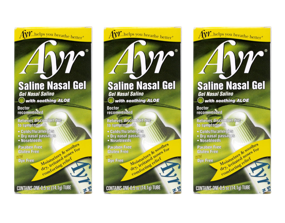 AYR Saline Nasal Gel tube closeup shows soothing aloe for dry nasal passages.