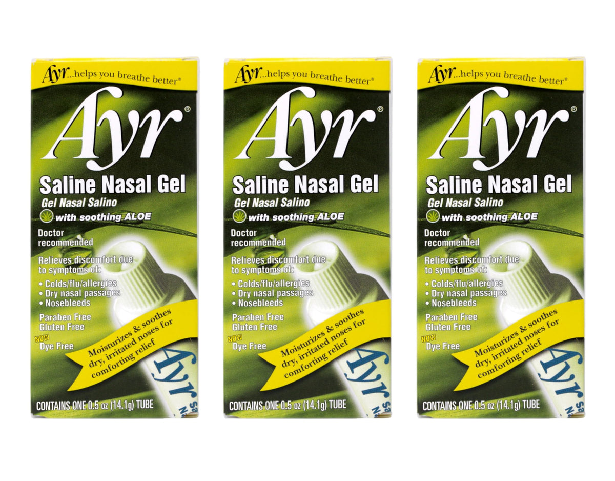 AYR Saline Nasal Gel tube closeup shows soothing aloe for dry nasal passages.