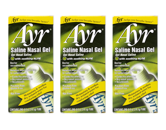 AYR Saline Nasal Gel tube closeup shows soothing aloe for dry nasal passages.