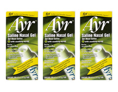 AYR Saline Nasal Gel tube closeup shows soothing aloe for dry nasal passages.