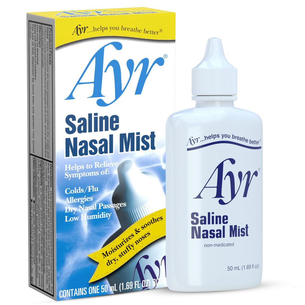 AYR Saline Nasal Mist fine mist spray delivers gentle coverage.