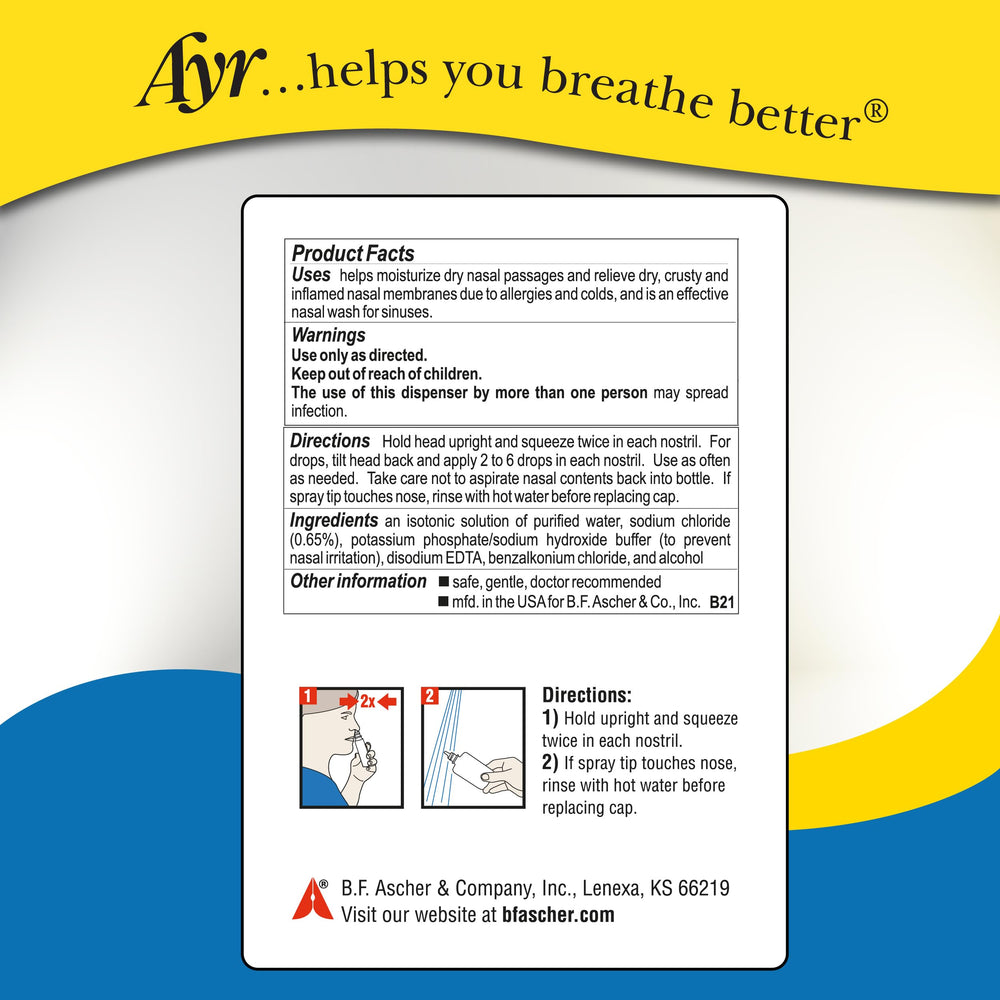 AYR Saline Nasal Mist isotonic solution hydrates nasal passages.