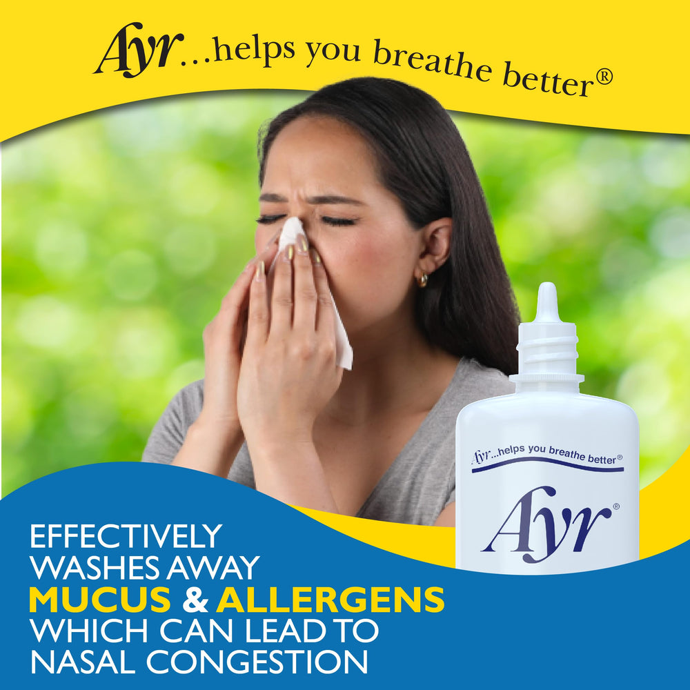 AYR Saline Nasal Mist travel bottle for on-the-go relief.