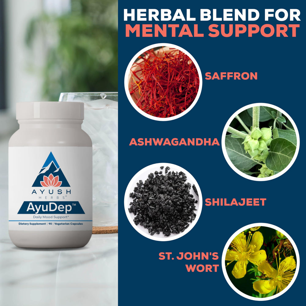AyuDep mineral blend bottle and calm lifestyle setting