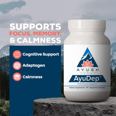 Close-up of AyuDep bottle featuring 90 vegetarian capsules