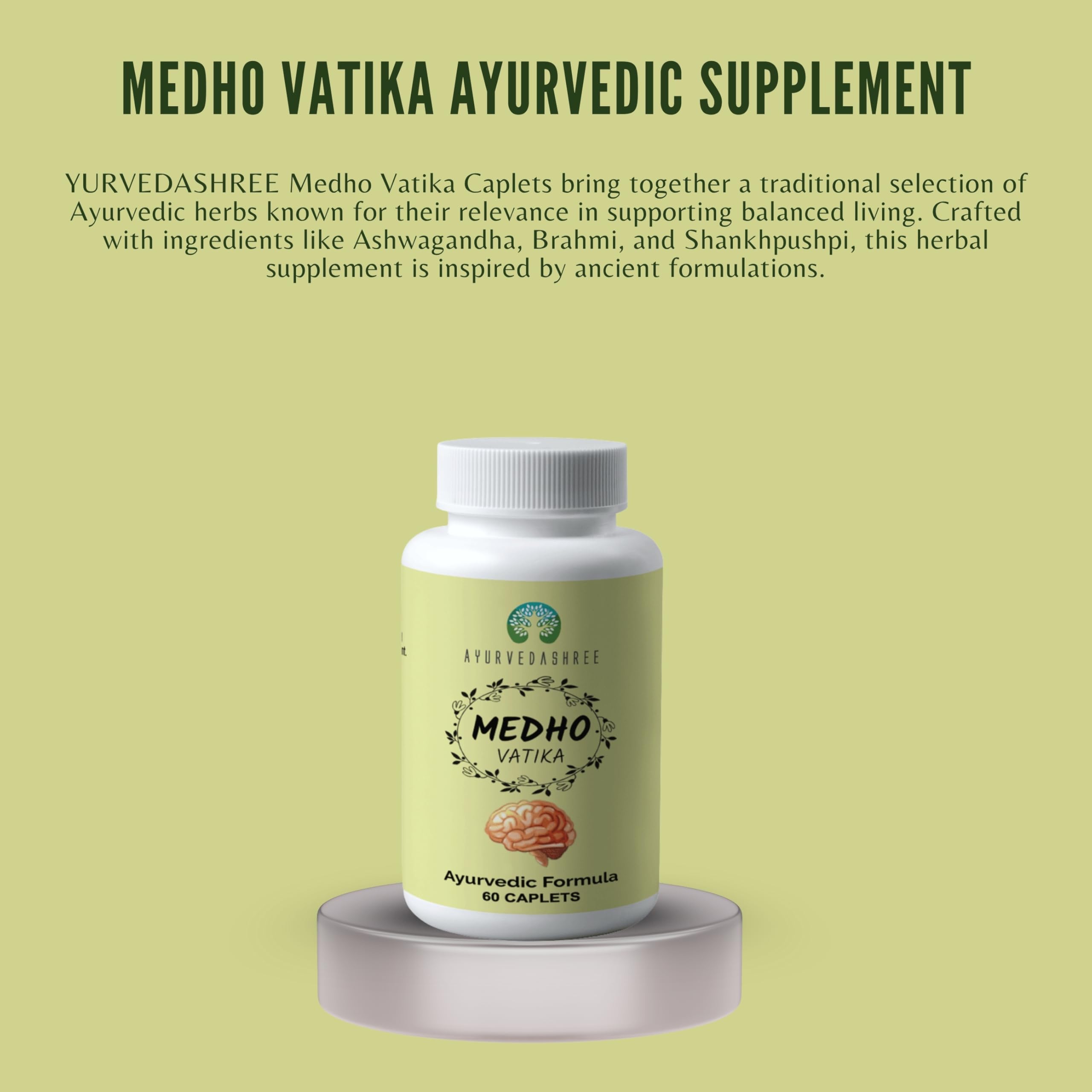 Close-up of AYUREVDASHREE Medho Vatika 60 Caplets bottle