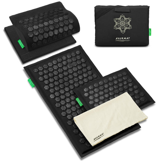 AyurMat acupressure mat and pillow set in black, front view