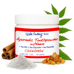 Ayurvedic cinnamon-flavored remineralizing tooth powder packaging