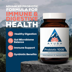 Ayush Herbs All-Natural Probiotic 100B bottle back showing AY147 batch details