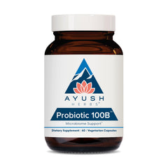 Ayush Herbs All-Natural Probiotic 100B bottle front view for gut support