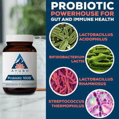 Ayush Herbs All-Natural Probiotic 100B label detail with product name and code