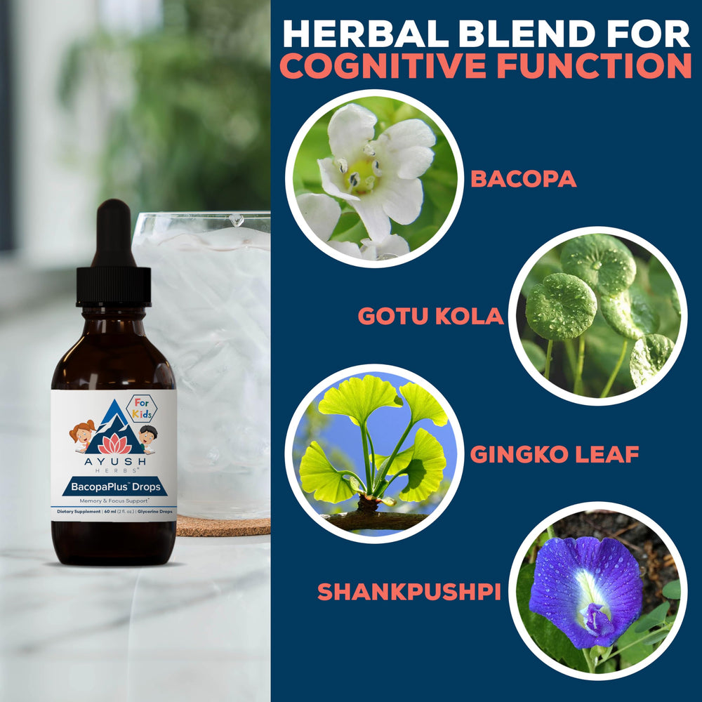 Ingredients: premium organic bacopa, gotu kola, ginkgo, ashwagandha