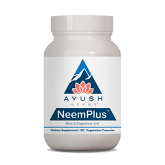 Ayush Herbs Neem Plus bottle label showing herbal blend for skin and digestion.