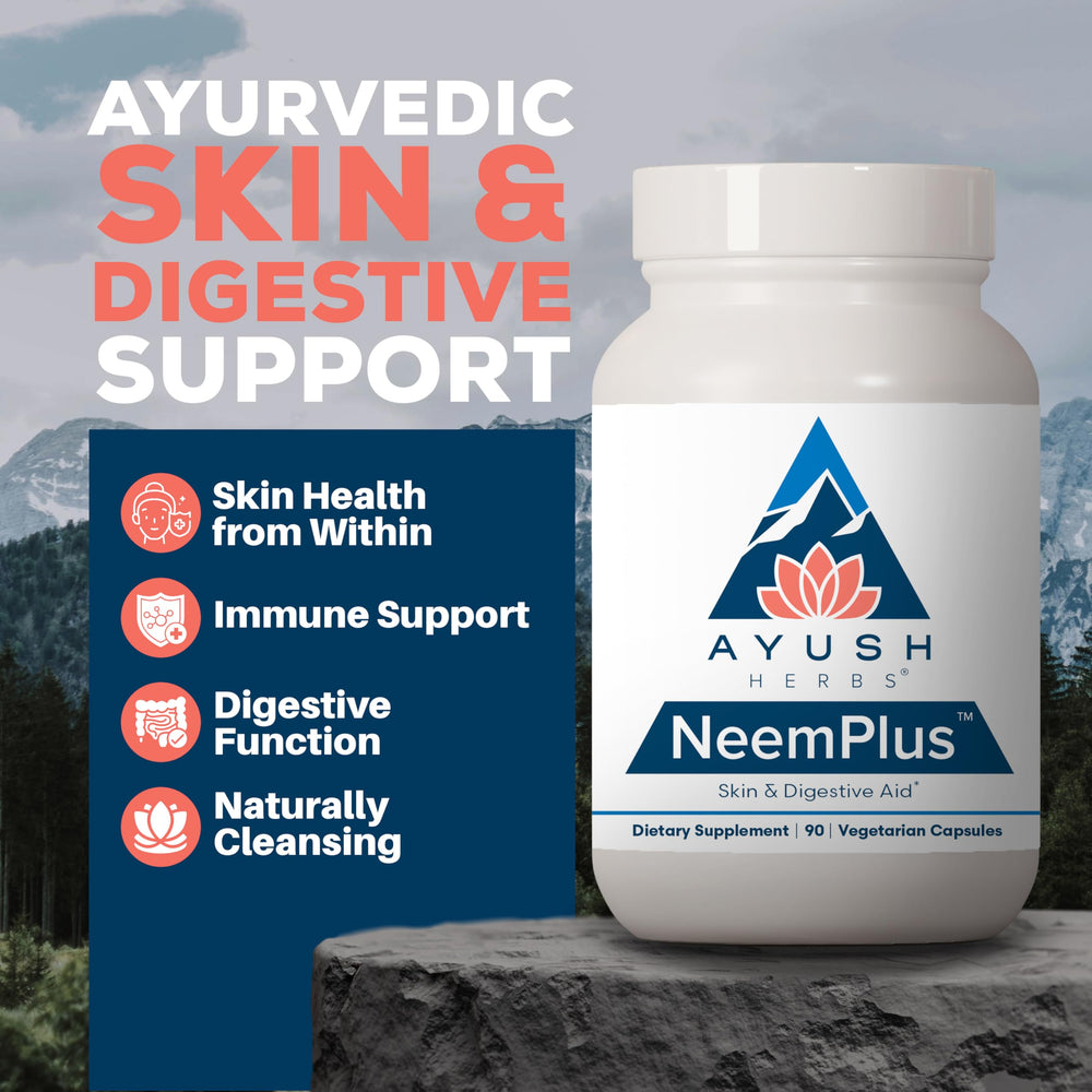 Ayush Herbs Neem Plus capsules close-up highlighting vegetarian formula for gut and immune support.