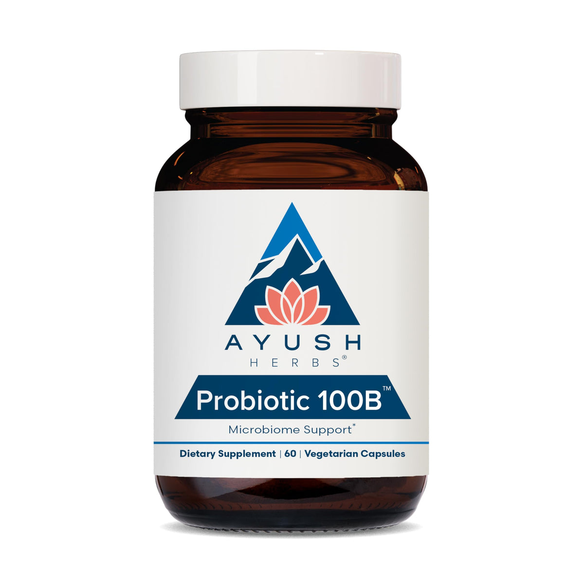 Ayush Herbs Probiotic 100B bottle label on white background