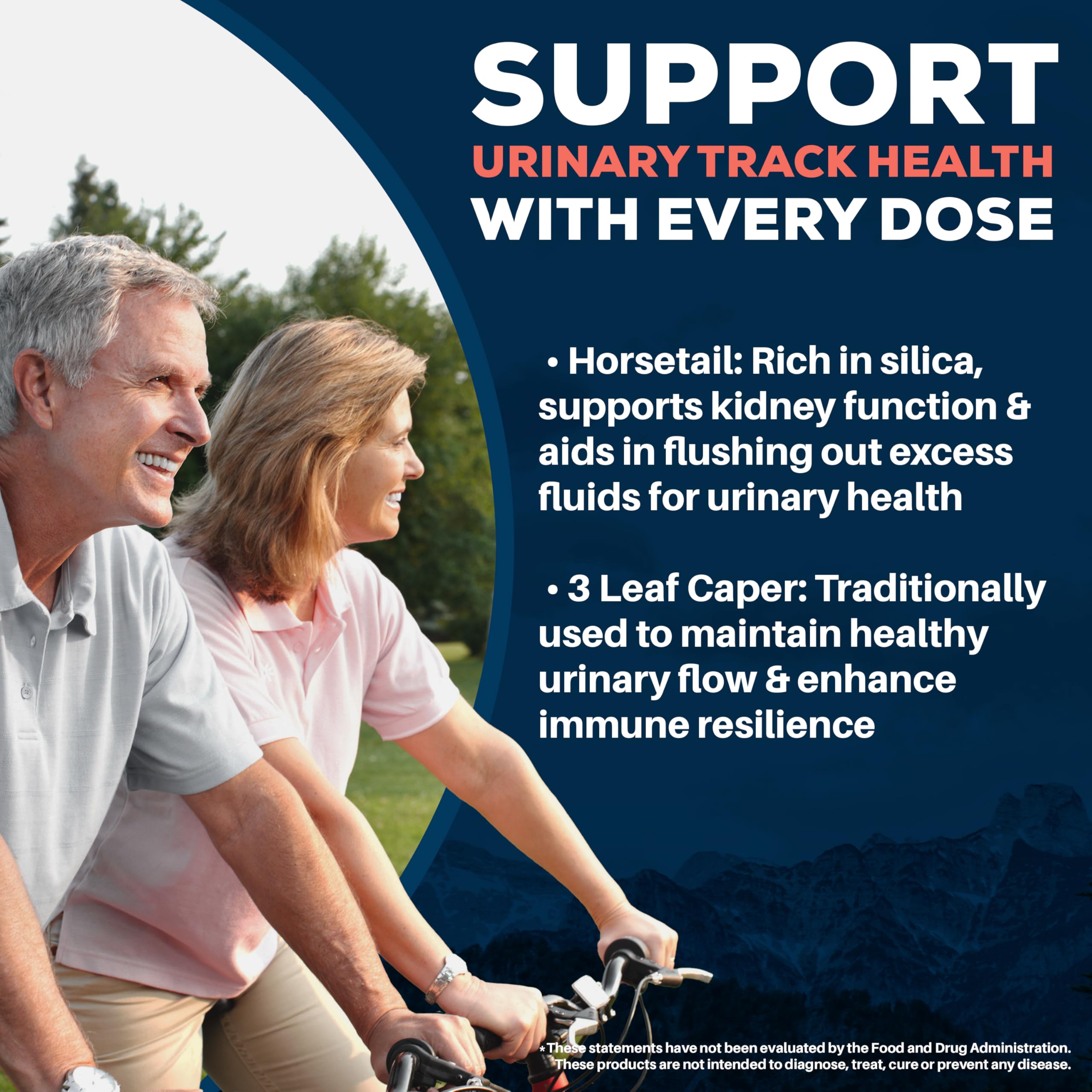 Herbal ingredients imagery including cranberry, uva ursi, and horsetail