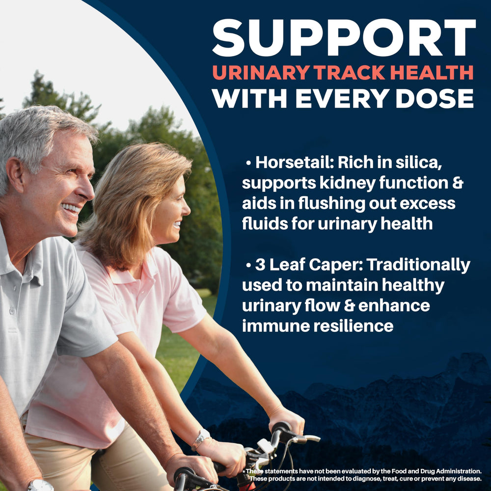 Herbal ingredients imagery including cranberry, uva ursi, and horsetail