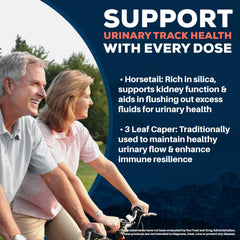 Herbal ingredients imagery including cranberry, uva ursi, and horsetail
