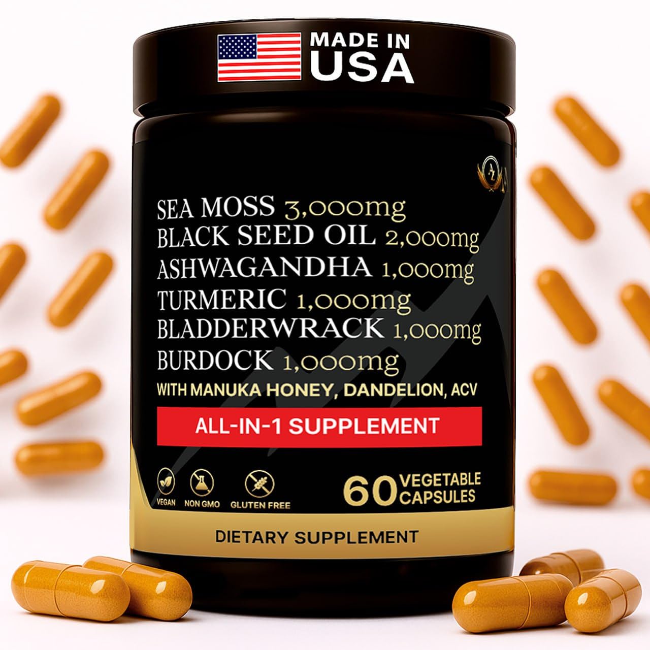 Product bottle and capsules on white background
