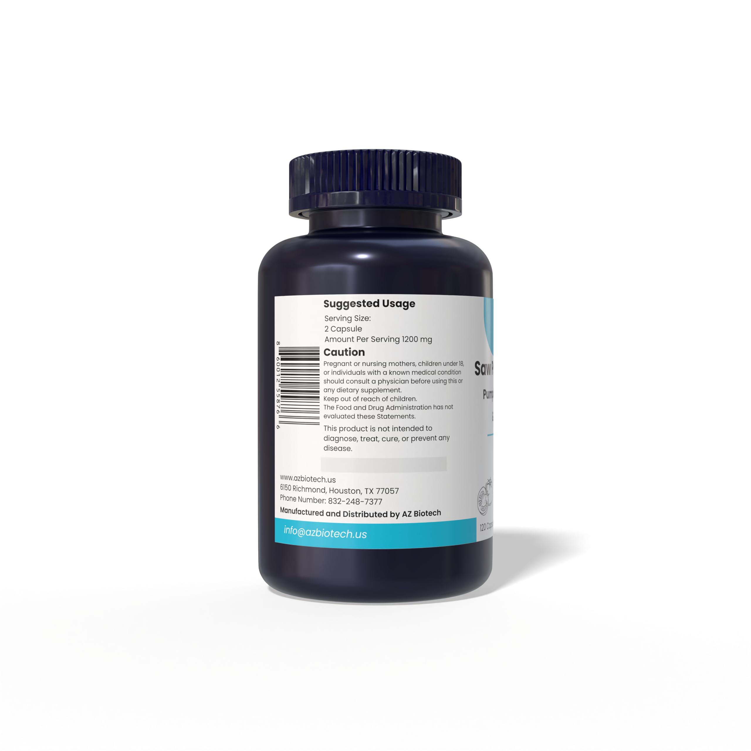 AZBiotech Saw Palmetto Plus 1200mg bottle with ingredients illustration